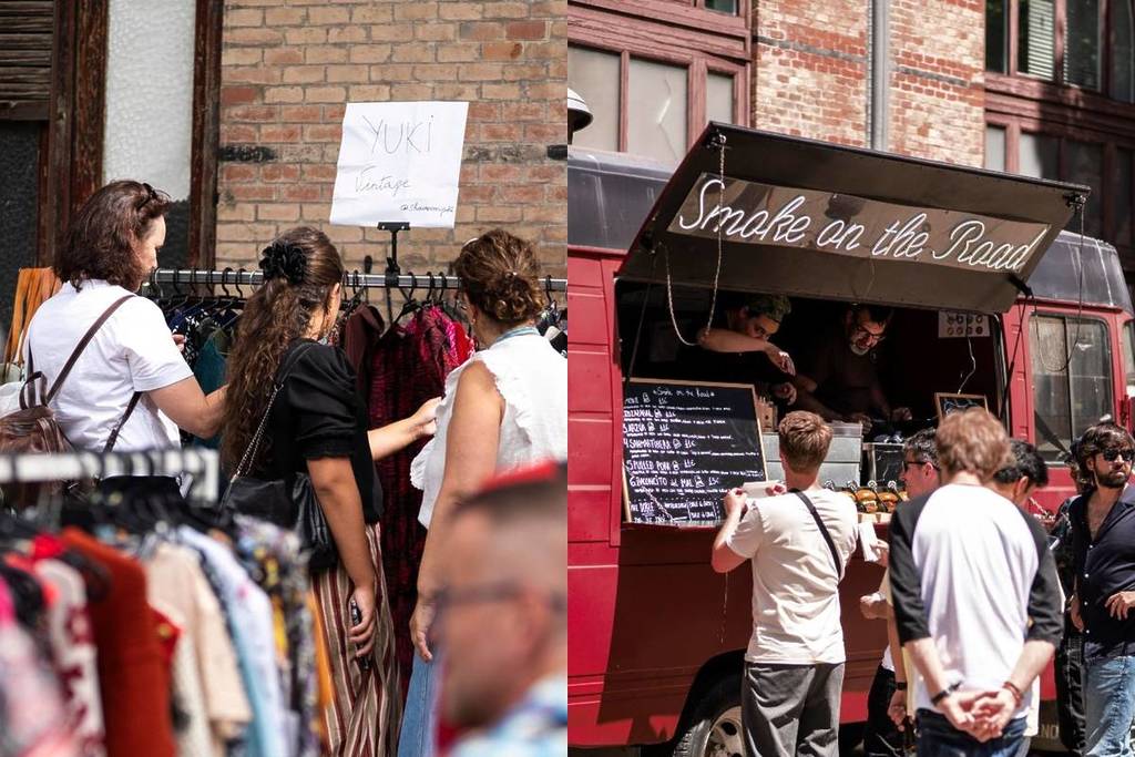 Stände mit Vintage-Mode und Foodtrucks auf dem Mercado de Motores
