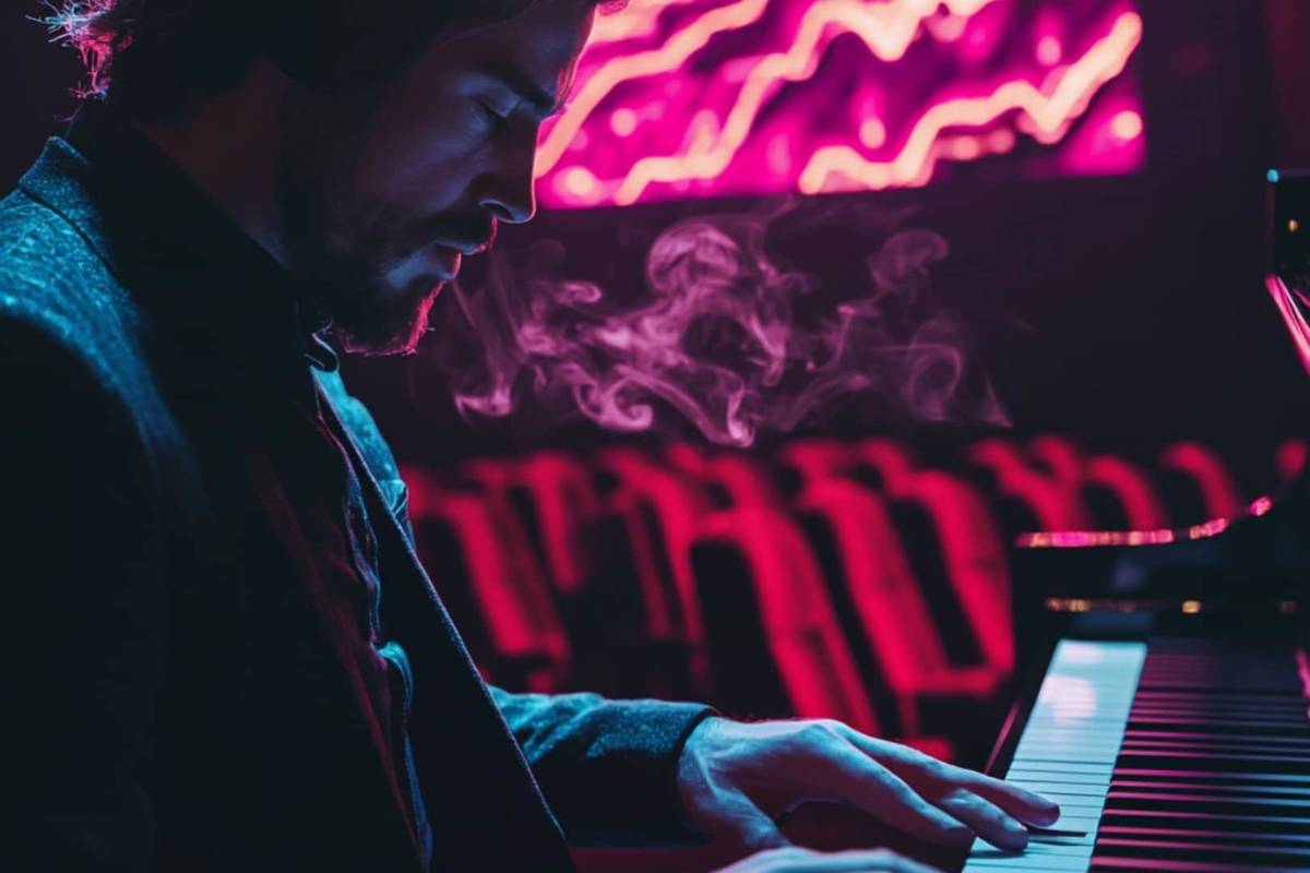 Primer plano de un pianista tocando el piano durante The Visual Concert.