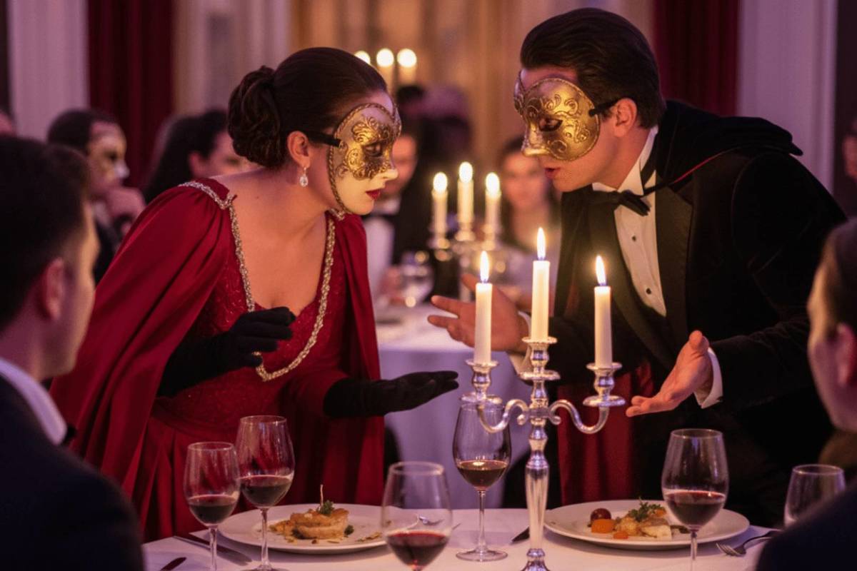 Un hombre y una mujer vestidos de época y con máscaras parecen susurrar sobre una elegante mesa en un comedor iluminado con candelabros durante The Guilty Banquet.