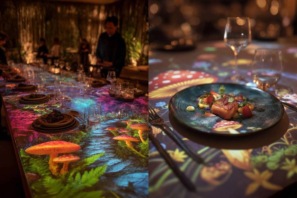 Vue d'une table immersive avec des projections inspirées de l'histoire de Lewis Carroll à côté d'un plat servi lors de l'expérience gastronomique Sensory Feast à Madrid.