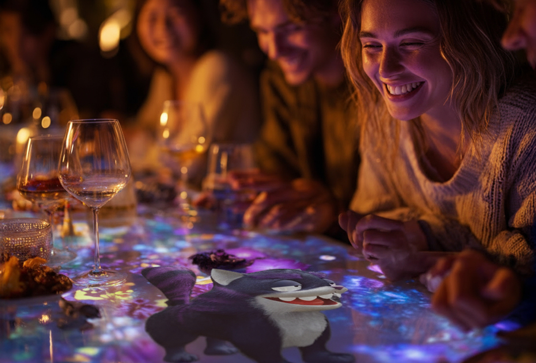 Comensales sentados alrededor de una mesa mientras una proyección animada con personajes del universo de Alicia en el País de las Maravillas aparece sobre el mantel