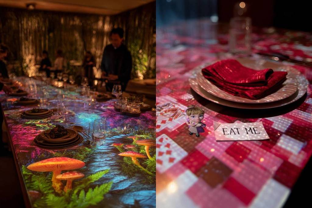 Vista de una mesa inmersiva con proyecciones inspiradas en el cuento de Lewis Carroll junto a un plato servido durante la experiencia gastronómica Sensory Feast en Madrid.
