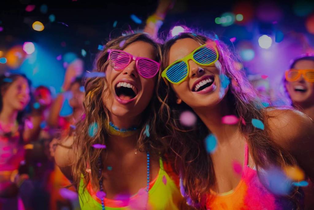 Primo piano di due ragazze vestite di neon che sorridono al Bingo Mingo.