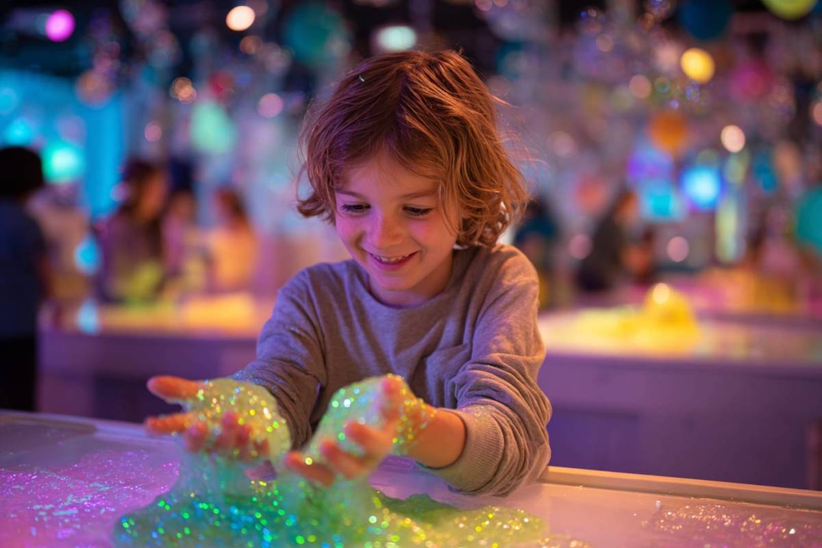 Primeiro plano de uma criança a brincar com slime enquanto ri no Mini Genius Lab.