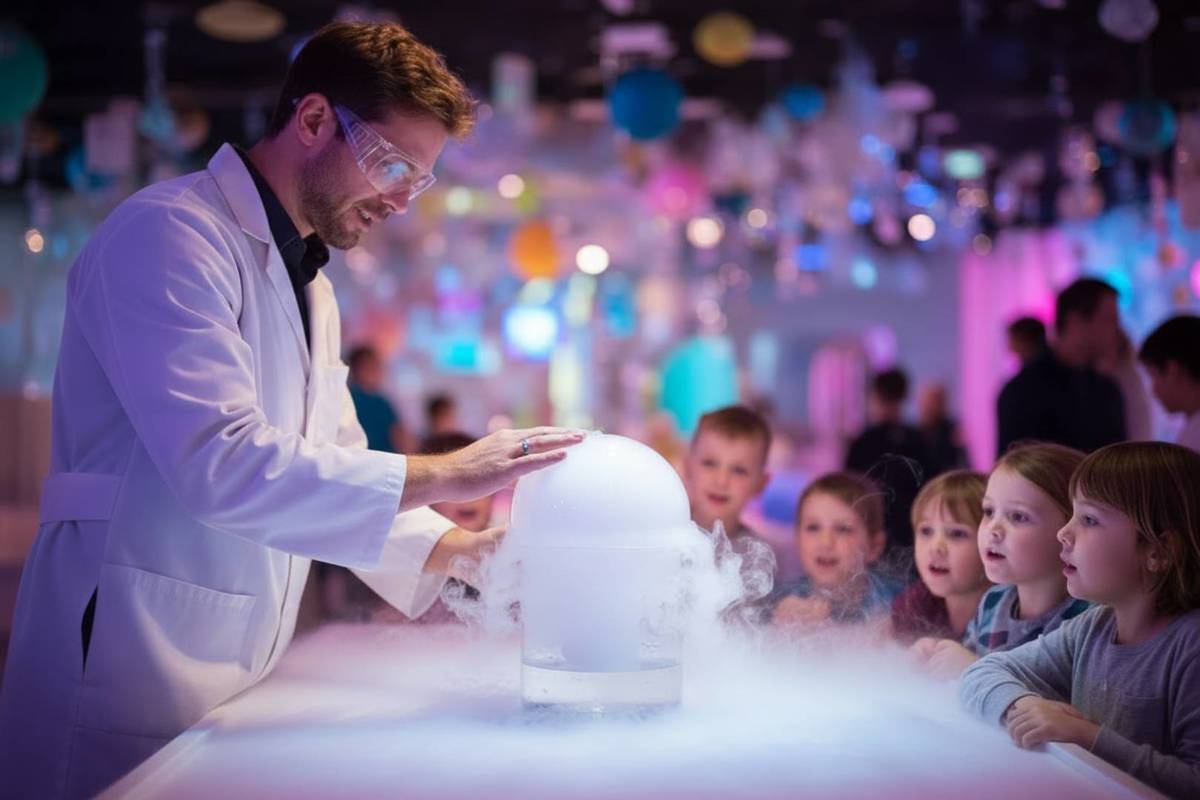 Um professor vestido de cientista ensina gelo seco a um grupo de crianças que observam fascinadas no Mini Genius Lab.
