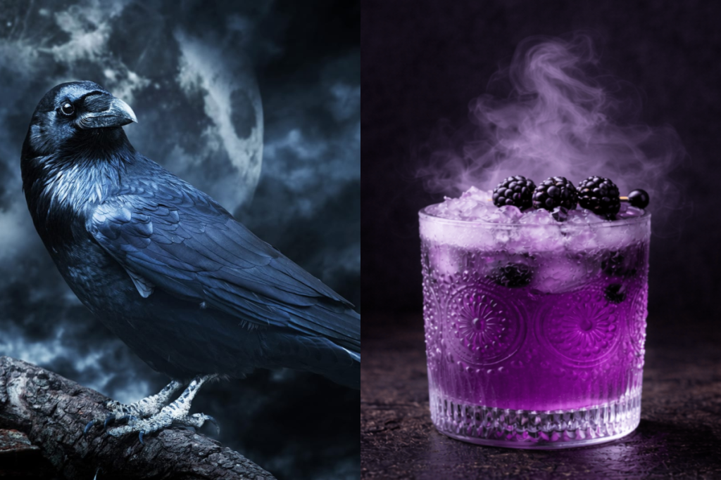 À gauche, un gros plan sur un corbeau en référence à la nouvelle de Poe, et à droite, un gros plan sur un cocktail violet ; deux éléments importants d’Edgar Allan Poe Speakeasy.
