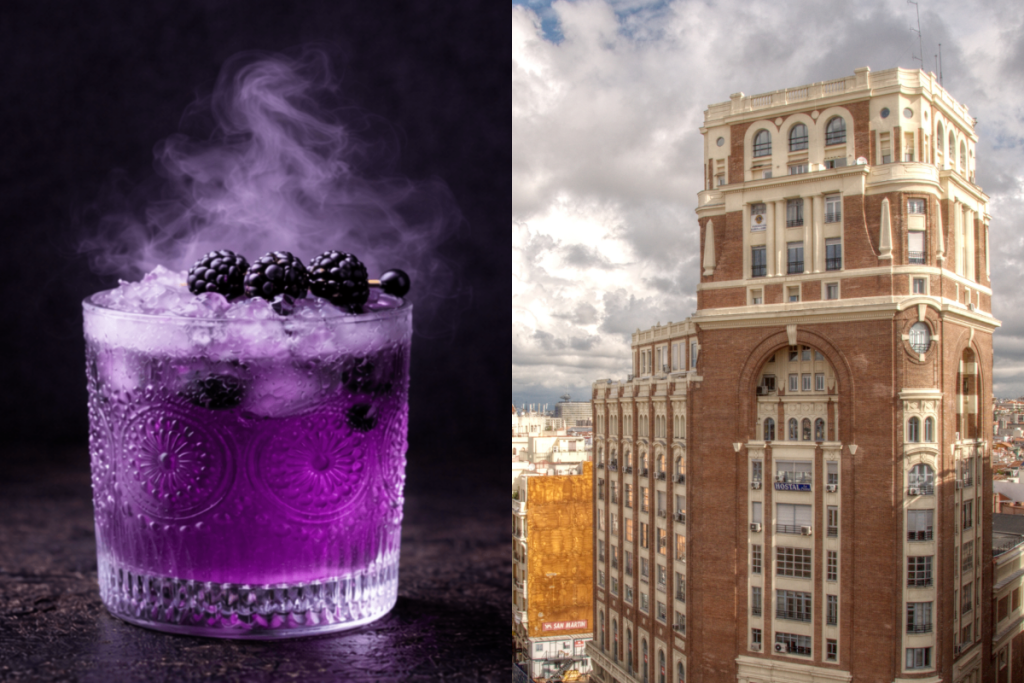 A la izquierda primer plano de un cóctel morado de Edgar Allan Poe Speakeasy y a la derecha foto del Palacio de Prensa en Madrid