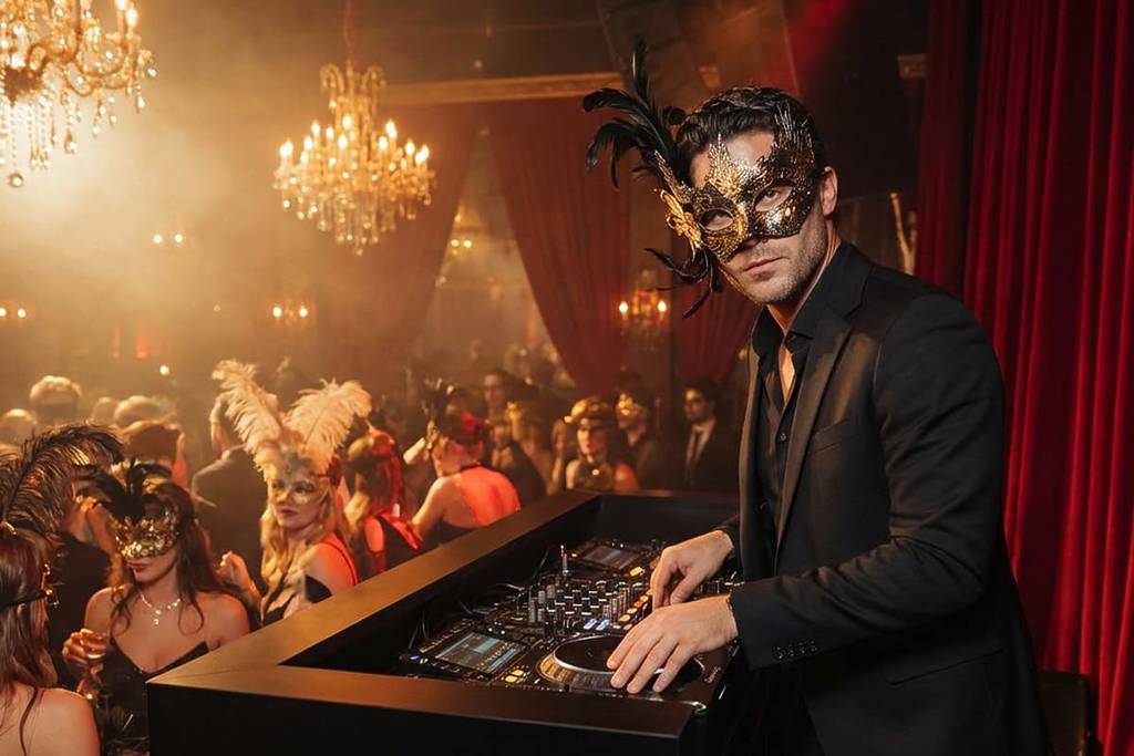 Close-up of the DJ spinning at Mask On Party.