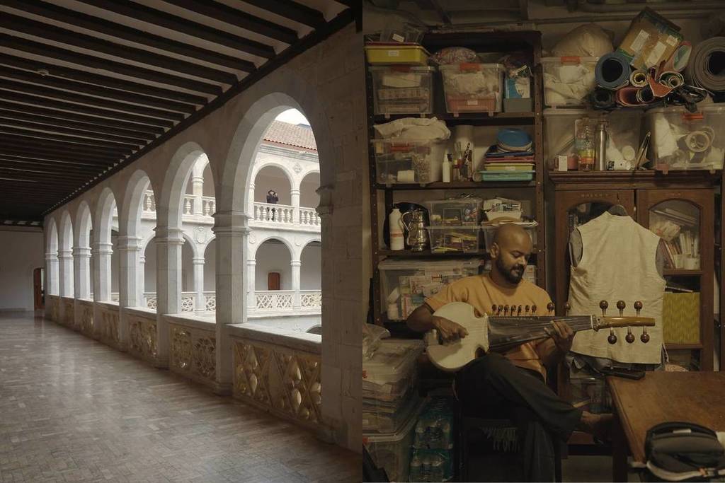Links das Innere des Palacio de Santa Bárbara und rechts der Musiker Soumik Datta