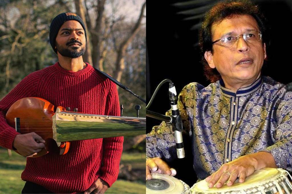 Links der Musiker Soumik Datta und rechts der Musiker Apurba Mukherjee.