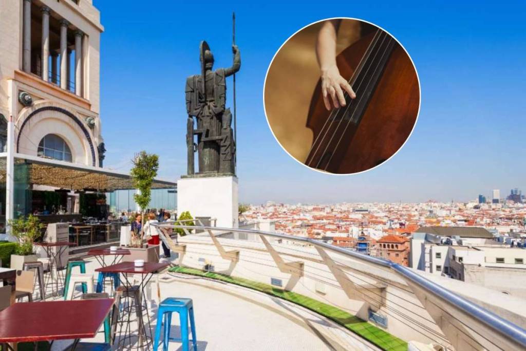 Dachterrasse des Círculo de Bellas Artes in Madrid und Nahaufnahme der Hand einer Musikerin, die Cello spielt.