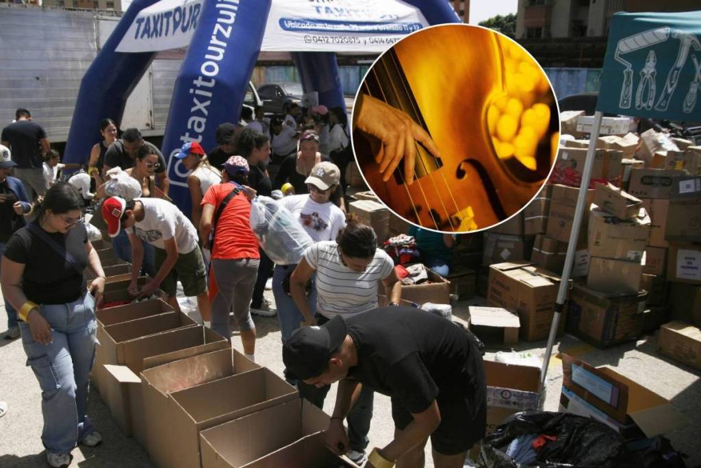 Voluntarios ayudando con cajas durante el desastre de los terremotos en Venezuela y primer plano de la mano de un músico tocando el violonchelo durante un concierto Candlelight.