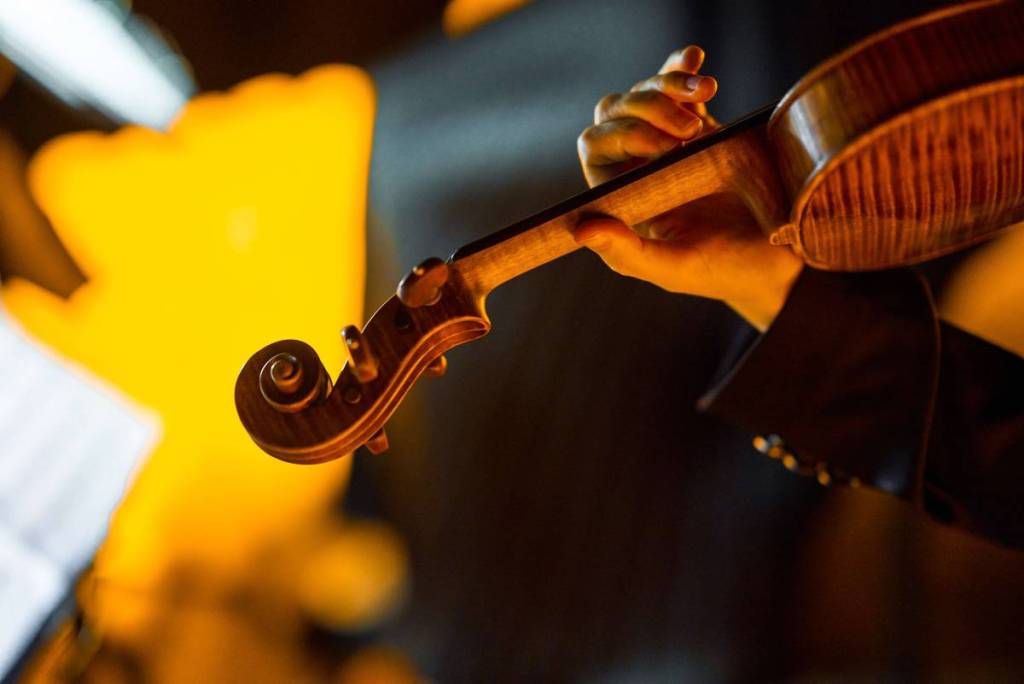 Primer plano de la mano de un músico tocando el violín durante un concierto Candlelight