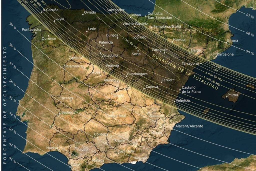 Mappa che mostra le fasce di visibilità dell’eclissi nella penisola iberica, realizzata dall’Istituto Geografico Nazionale.