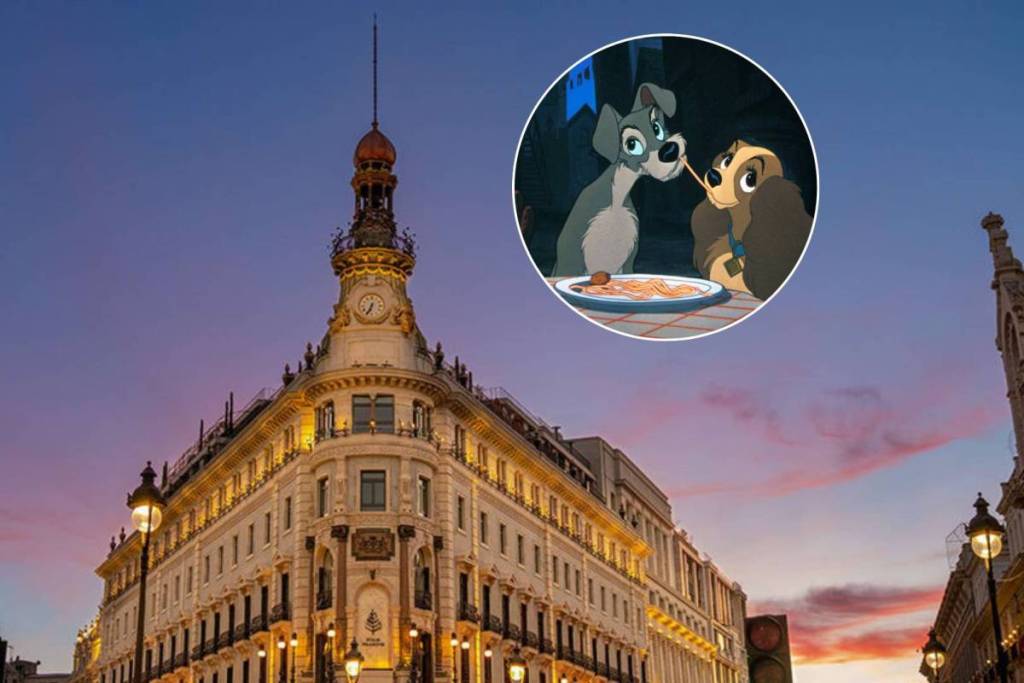Fassade des Four Seasons Hotels in Madrid und ein Standbild aus dem Film „Susi und Strolch“.