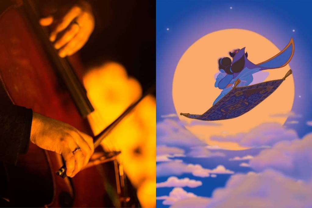 A la izquierda primer plano de las manos de un músico tocando el violonchelo durante un concierto Candlelight, y a la derecha frame de Jasmine y Aladdín sobre la alfombra mágica en la película "Aladdín".