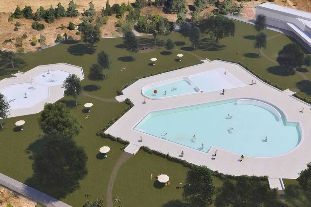 Renderizado de las piscinas del futuro complejo polideportivo Solagua en Leganés.