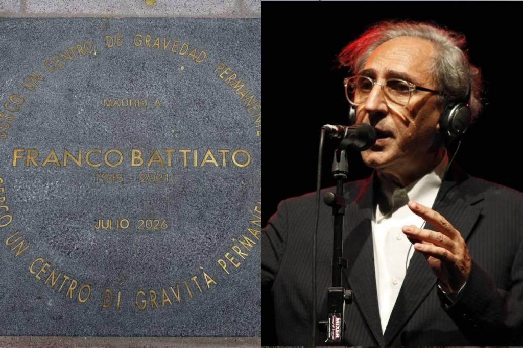 La plaque commémorative de Franco Battiato à Madrid. À droite, une photo de l’auteur-compositeur-interprète italien en 2010.