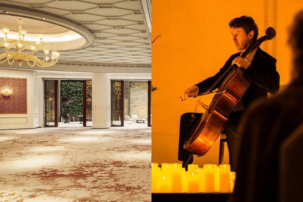 Interno dell’Hotel Four Seasons di Madrid e primo piano di un musicista che suona il violoncello durante un concerto Candlelight all’Hotel Four Seasons di Madrid.