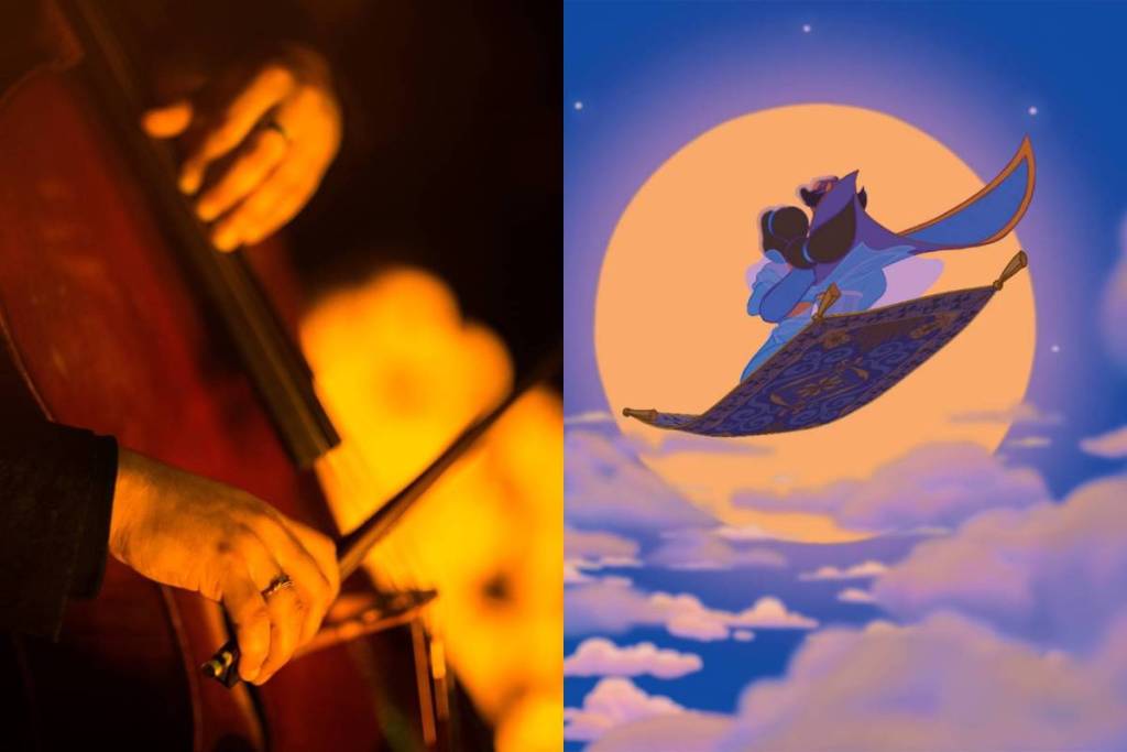 Primo piano delle mani di un musicista che suona il violoncello durante un concerto Candlelight e fotogramma del film Disney “Aladdin”.
