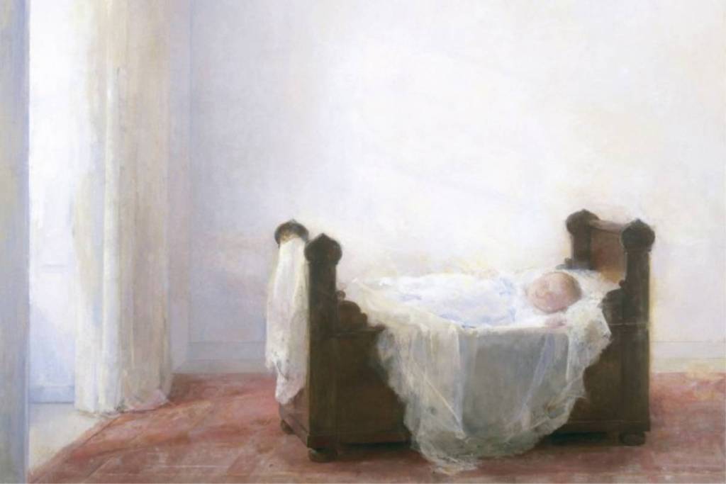 Dipinto a olio che raffigura una bambina nella sua culla. Intitolato *Inés Laffón nella sua culla*, fa parte della mostra del Thyssen dedicata a Carmen Laffón.