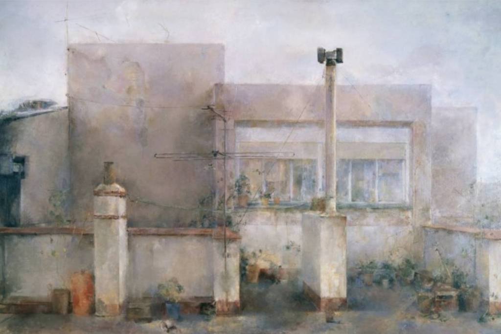 Una terrazza madrilena ritratta da Carmen Laffón, l’artista a cui il Museo Thyssen ha dedicato una mostra monografica.