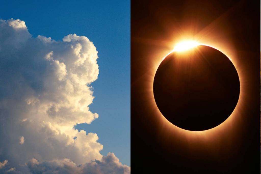 On the left, a cloudy sky. On the right, a total solar eclipse.