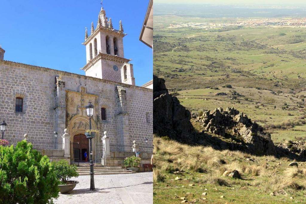 A fachada da Basílica da Assunção de Nossa Senhora e a Dehesa de Navalvillar em Colmenar Viejo.