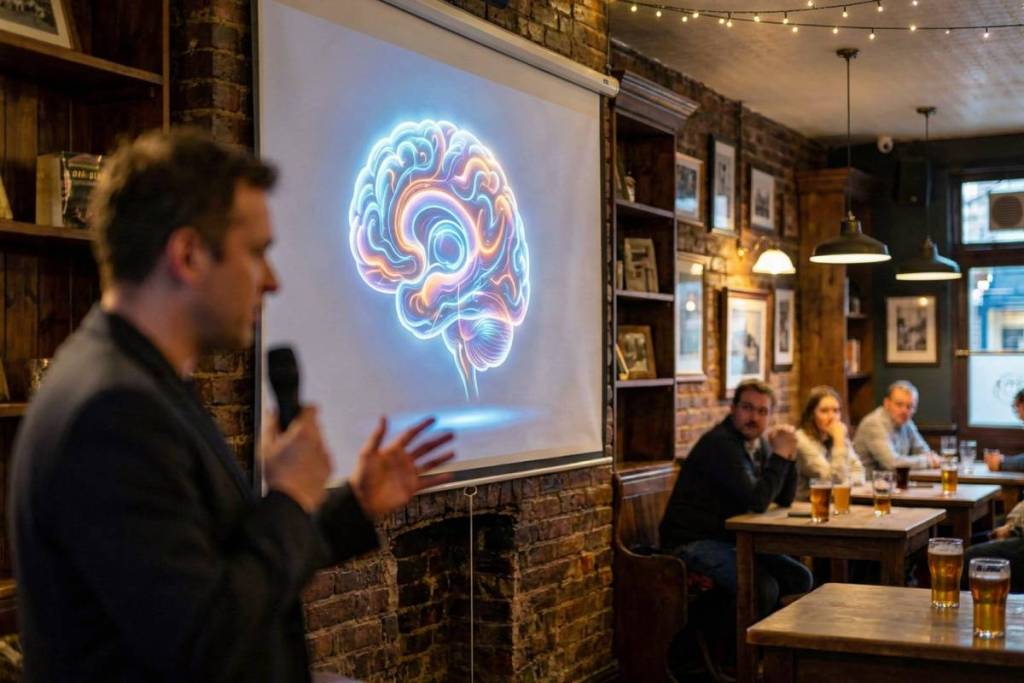 Un vulgarisateur scientifique parle de neurosciences dans un bar devant un public tout en prenant un verre lors de l’événement « Big Questions, Cool Drinks ».