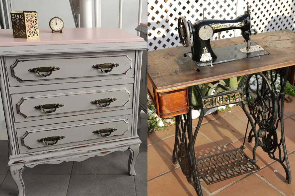 Articles proposés au vide-grenier d’une villa d’Aravaca (une commode et une vieille machine à coudre).