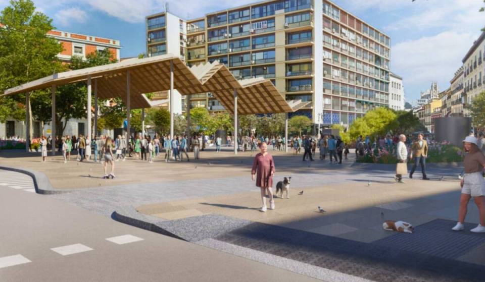 Goodbye to cars in one of the busiest squares in downtown Madrid: Jacinto Benavente will be transformed with a pergola and water features