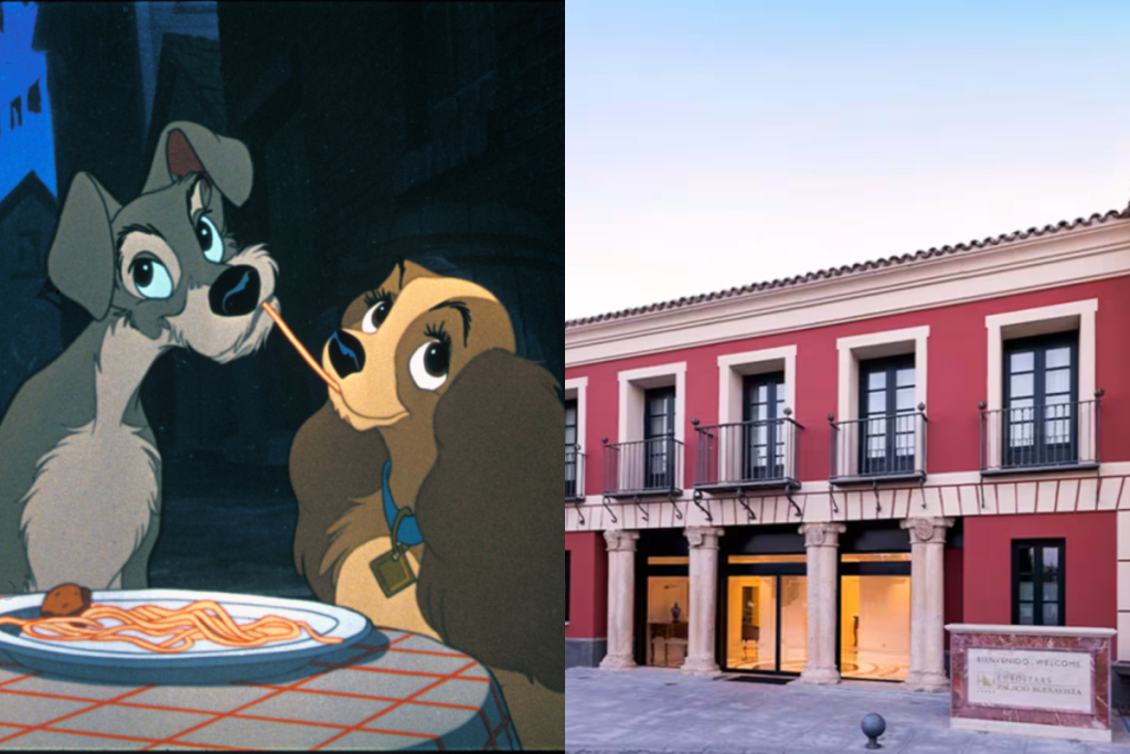 À gauche, un gros plan d’une image tirée du film Disney « La Dame et le Clochard », et à droite, la façade de l’hôtel Eurostars Palacio Buenavista de Tolède.