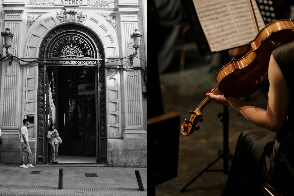 A sinistra la facciata dell’Ateneo di Madrid e a destra un primo piano delle mani di un musicista che suona il violino