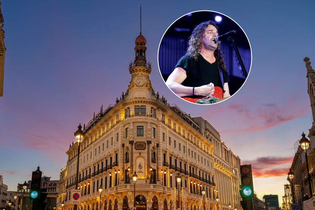 Fassade des Four Seasons Hotels in Madrid und Nahaufnahme eines der Mitglieder der mexikanischen Band Maná.