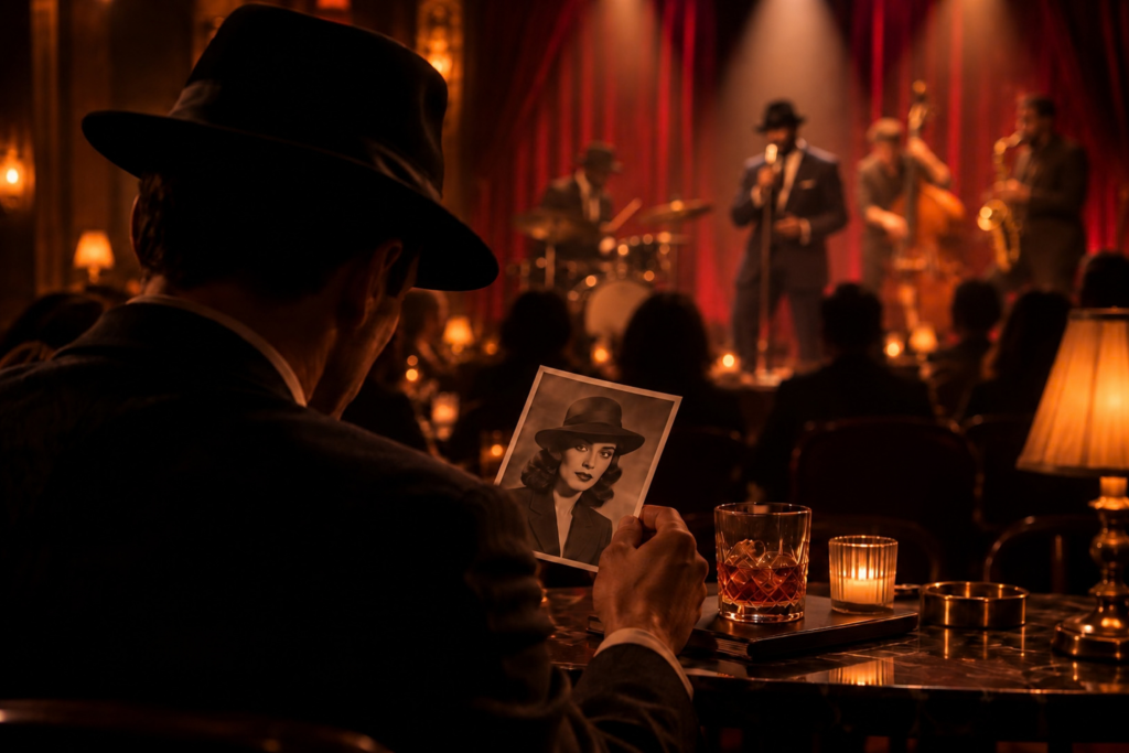 Un uomo vestito in stile anni ’20 guarda una foto in bianco e nero di una donna, anch’essa vestita in stile anni ’20, mentre una band jazz suona in sottofondo in un locale del Jazz Detective Club