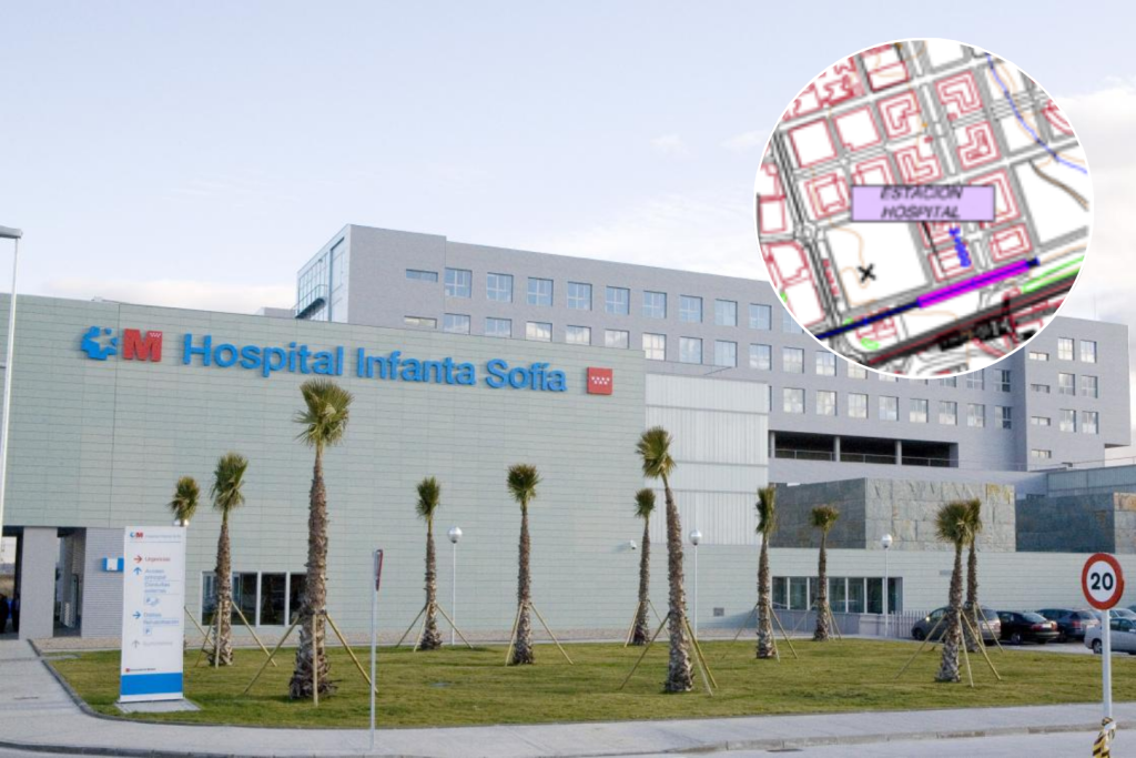 Fassade des Krankenhauses „Infanta Sofía“ und Gesamtplan der vorgeschlagenen Trasse für den Ausbau der Linie C-4a ab Alcobendas und San Sebastián de los Reyes.