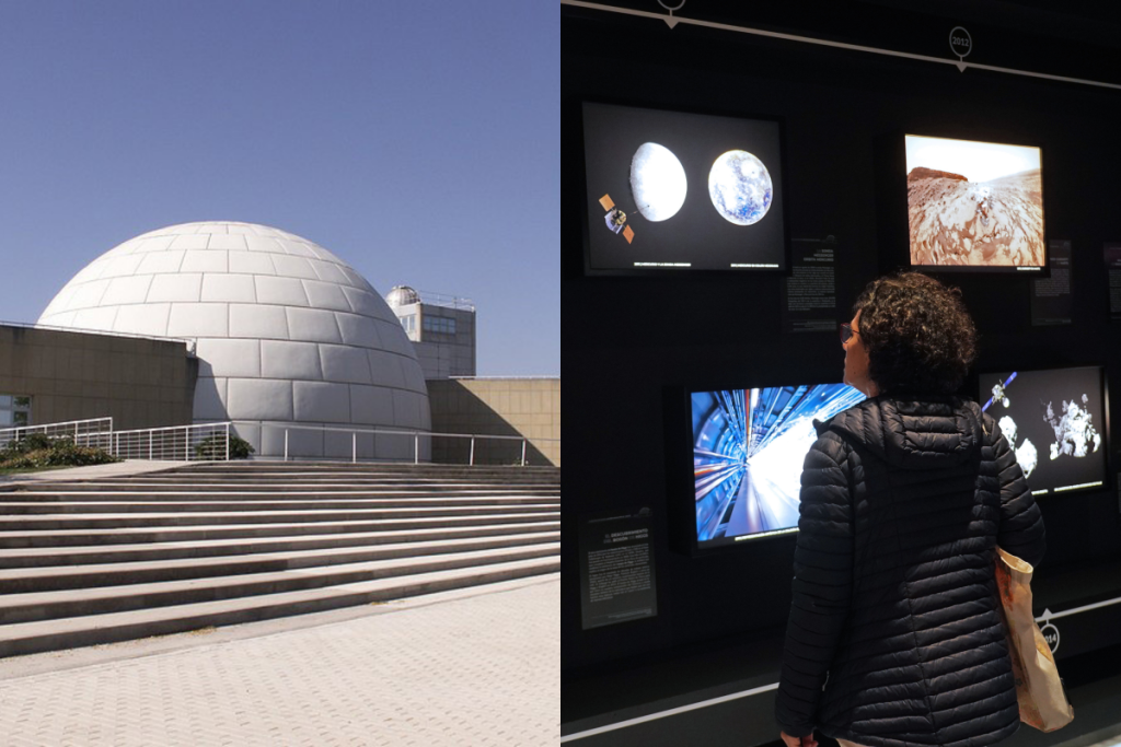 A la izquierda fachada del Planetario de Madrid y a la derecha una visitante de la exposición "40 años desvelando el cosmos"