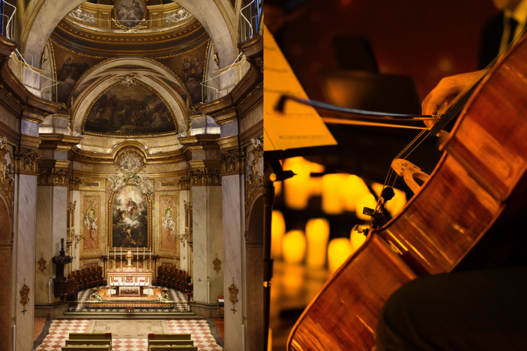 A la izquierda interior de la Basílica Pontificia de San Miguel y a la derecha primer plano de un músico tocando el violonchelo durante un concierto Candlelight