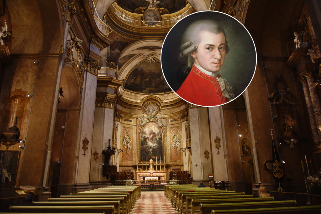 Interior de la Basílica Pontifica de San Miguel en Madrid y primer plano de Mozart.