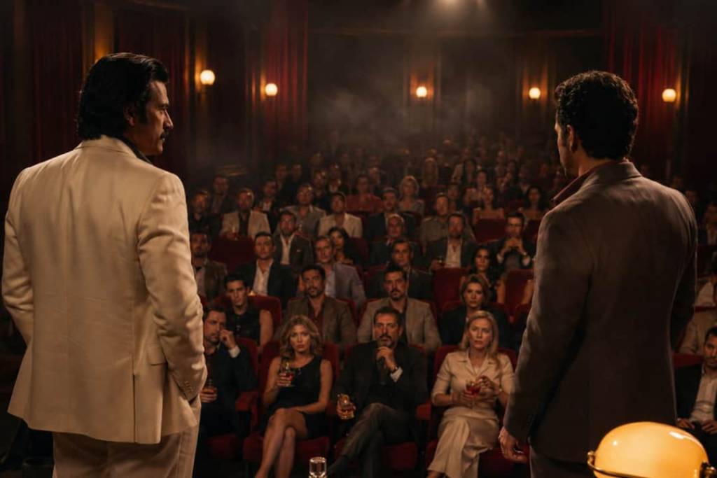 Dos actores sobre el escenario en Narco Confessions.