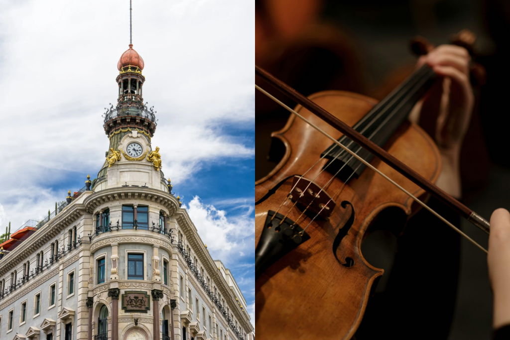 A la izquierda fachada del Hotel Four Seasons de Madrid y a la derecha primer plano de un violín durante un concierto.