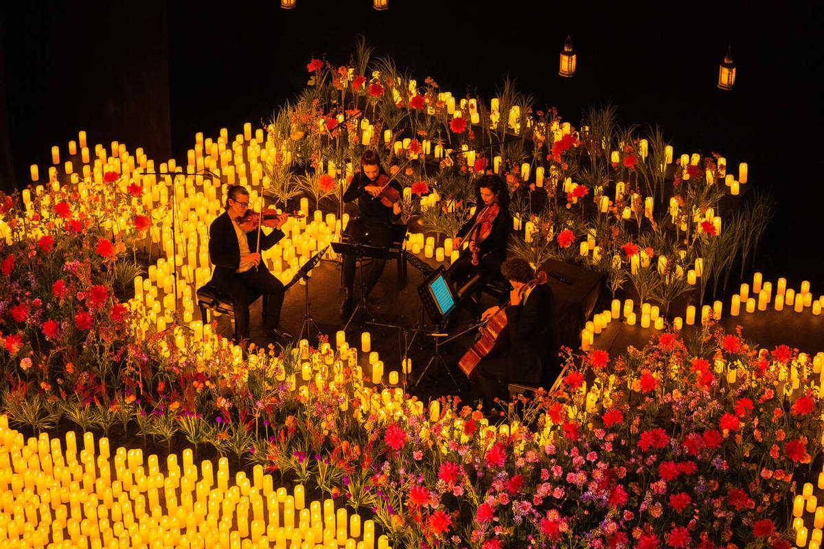 Plano general de un cuarteto de cuerda tocando sobre un escenario cubierto de velas y flores durante un concierto Candlelight Spring.