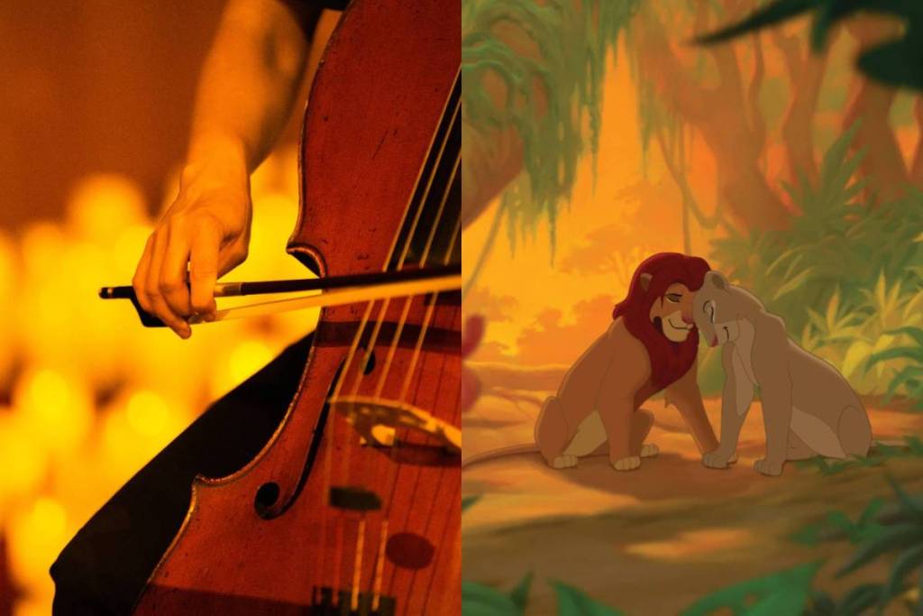 A la izquierda primer plano de la mano de un músico tocando el violonchelo durante un concierto Candlelight, y a la derecha frame de la película "El Rey León".