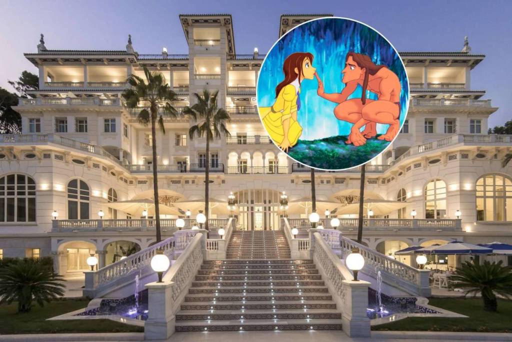 Fachada del Gran Hotel Miramar de Málaga y frame de la película Disney 