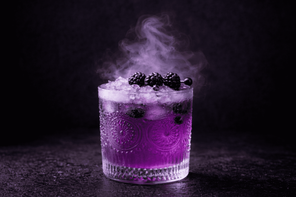 Cóctel violeta con hielo, moras y humo alrededor.