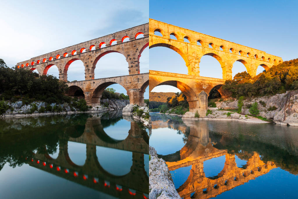 Collage de deux photos du Pont du Gard