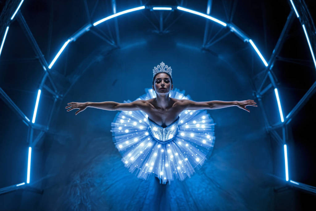 Ballerina danza con un tutù luminoso nel nuovo balletto Ballet of Lights Cenerentola a Milano