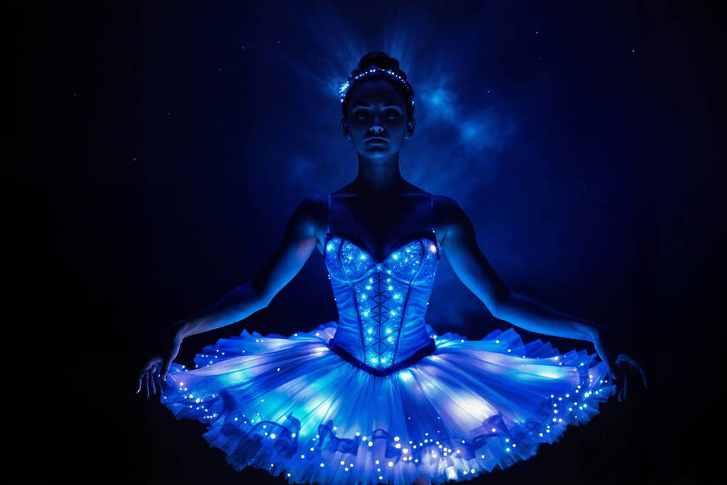 Ballerina indossa un costume luminoso nel nuovo spettacolo di Ballet of Lights Cenerentola a Milano