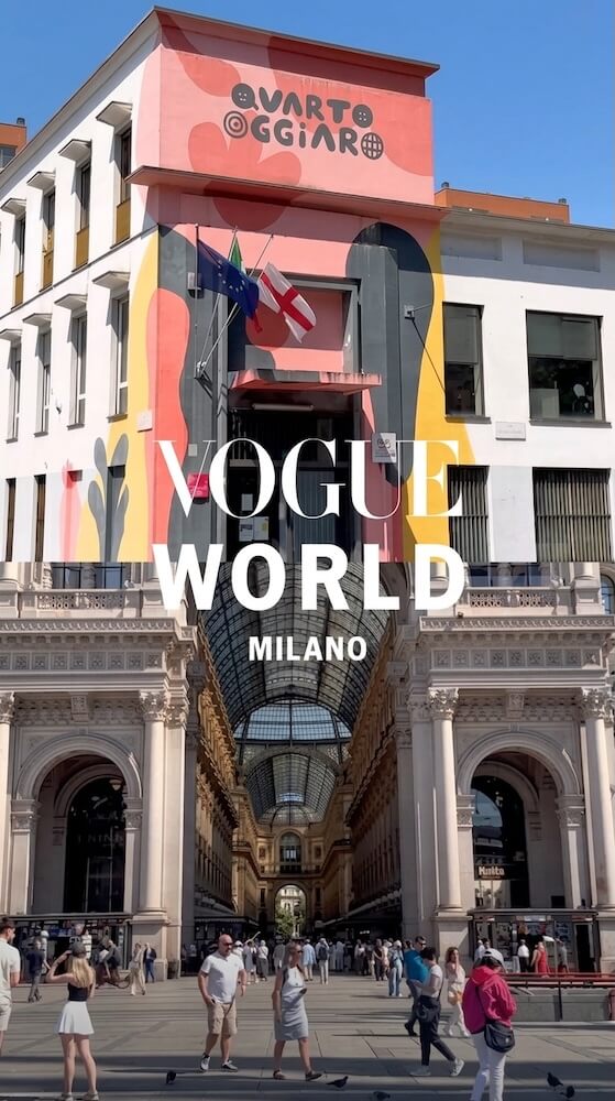 Fotomontaggio della Galleria Vittorio Emanuele II a Milano con sopra l'edificio colorato di Quarto Oggiaro e la scritta Vogue World Milano.