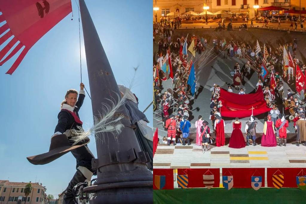 Photos of people in costume during the historical reenactment of Palma alle Armi in Palmanova